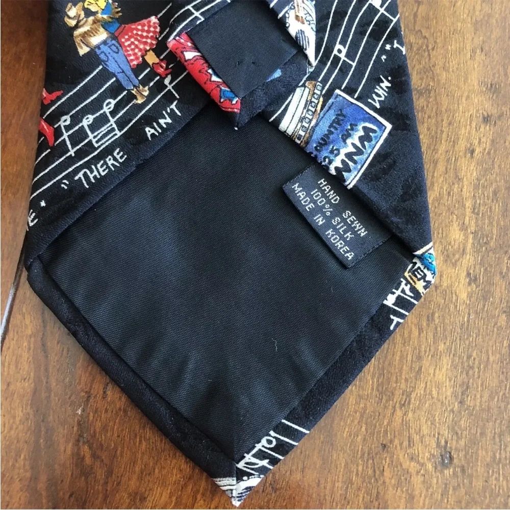 Nicole Miller Country Music Silk Tie Guitar Cowboy Hat Record Black Vintage 90s